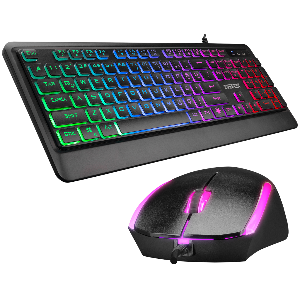 EVEREST KM-R59, FORZA, USB Kablolu, Turkce Q, Rainbow Backlight, Memran Tuslar, Gaming, Klavye Mouse Set