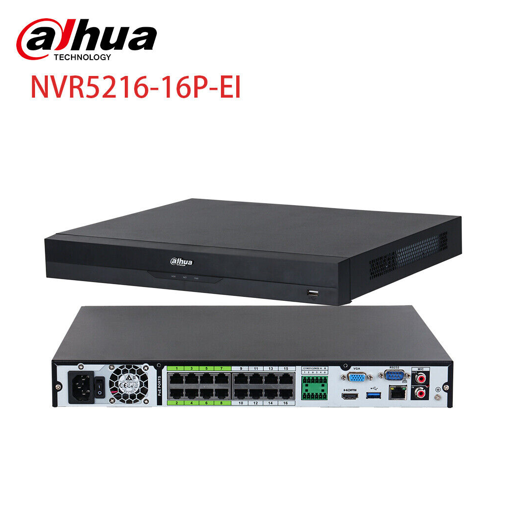 DAHUA  NVR5216-16P-EI, 16Kanal POE, 32Mpix, H265+, 2 HDD Destegi, 1080P Kayit, 384Mbps Bant Genisligi, NVR