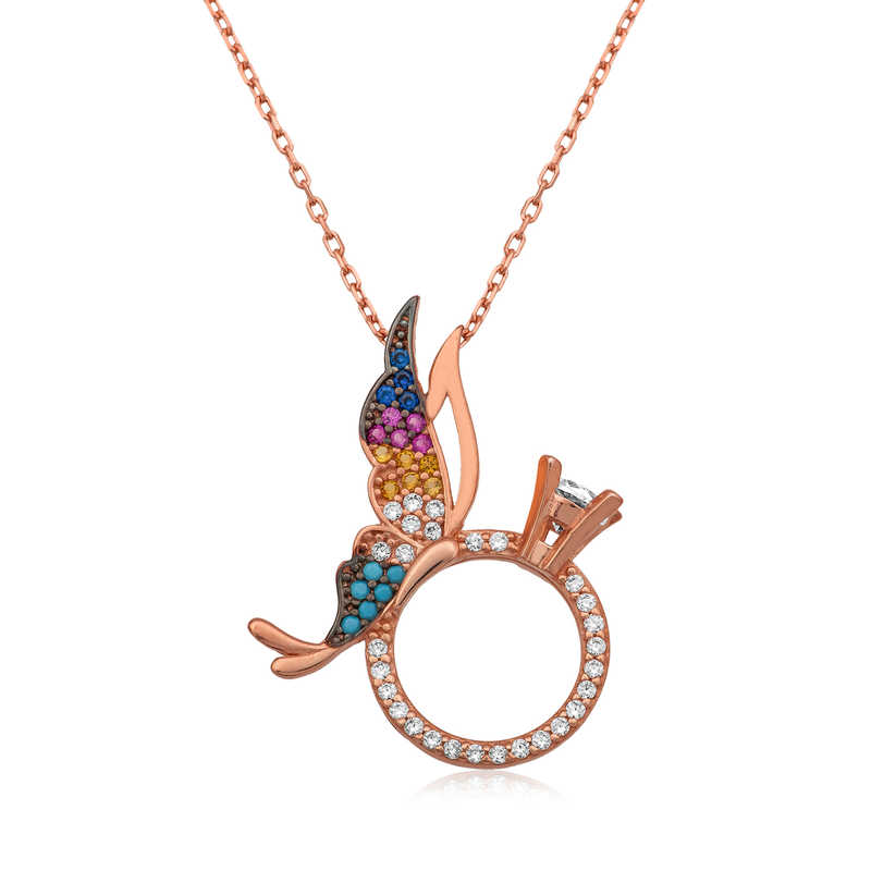 925 Ayar Gumus Tek Tas Yuzuklu Kelebek Kadin Gumus Kolye