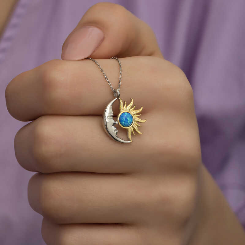 925 Ayar Gumus Opal Mavi Tasli Ay Gunes Kadin Kolye