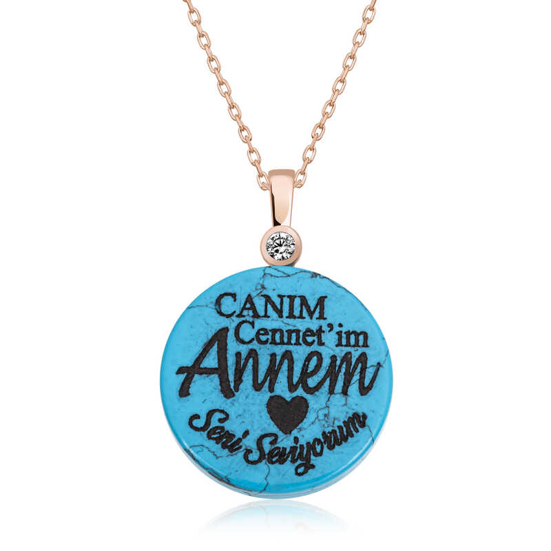 925 Ayar ​Gumus Turkuaz Tasli Annem Yazili Kadin Gumus Kolye
