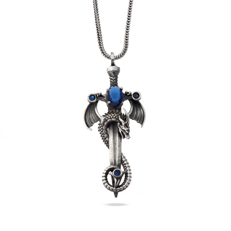 925 Ayar Gumus Safir Tasli Ejderha Erkek Kilic Kolye