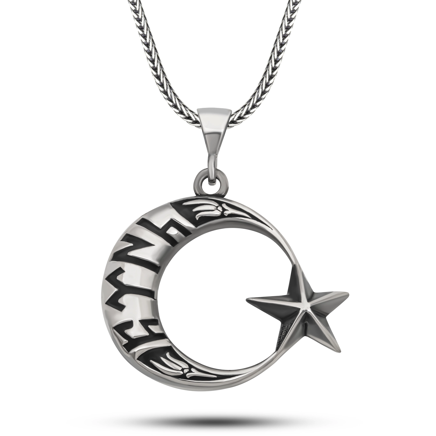 Gumus Gokturkce Yazili Ay Yildiz Erkek Kolye