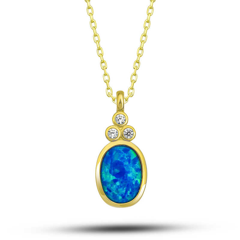 925 Ayar Gumus Gold Mavi Opal Tasli Ananas Kadin Kolye