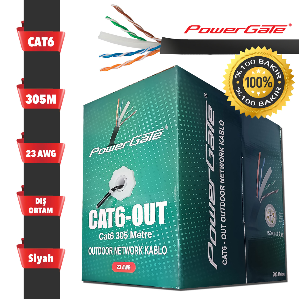 POWERGATE CAT6-OUT-COPPER, Outdoor (Dis Mekan), Polietilen, 23AWG 0.57mm, UTP, CAT6, %100 Bakir Kablo, 305m, Siyah