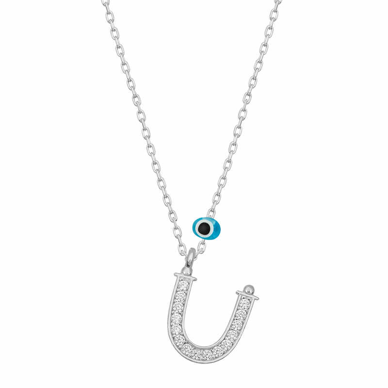 925 Ayar Gumus Nazar Rodyum U Harfi Kadin Gumus Kolye