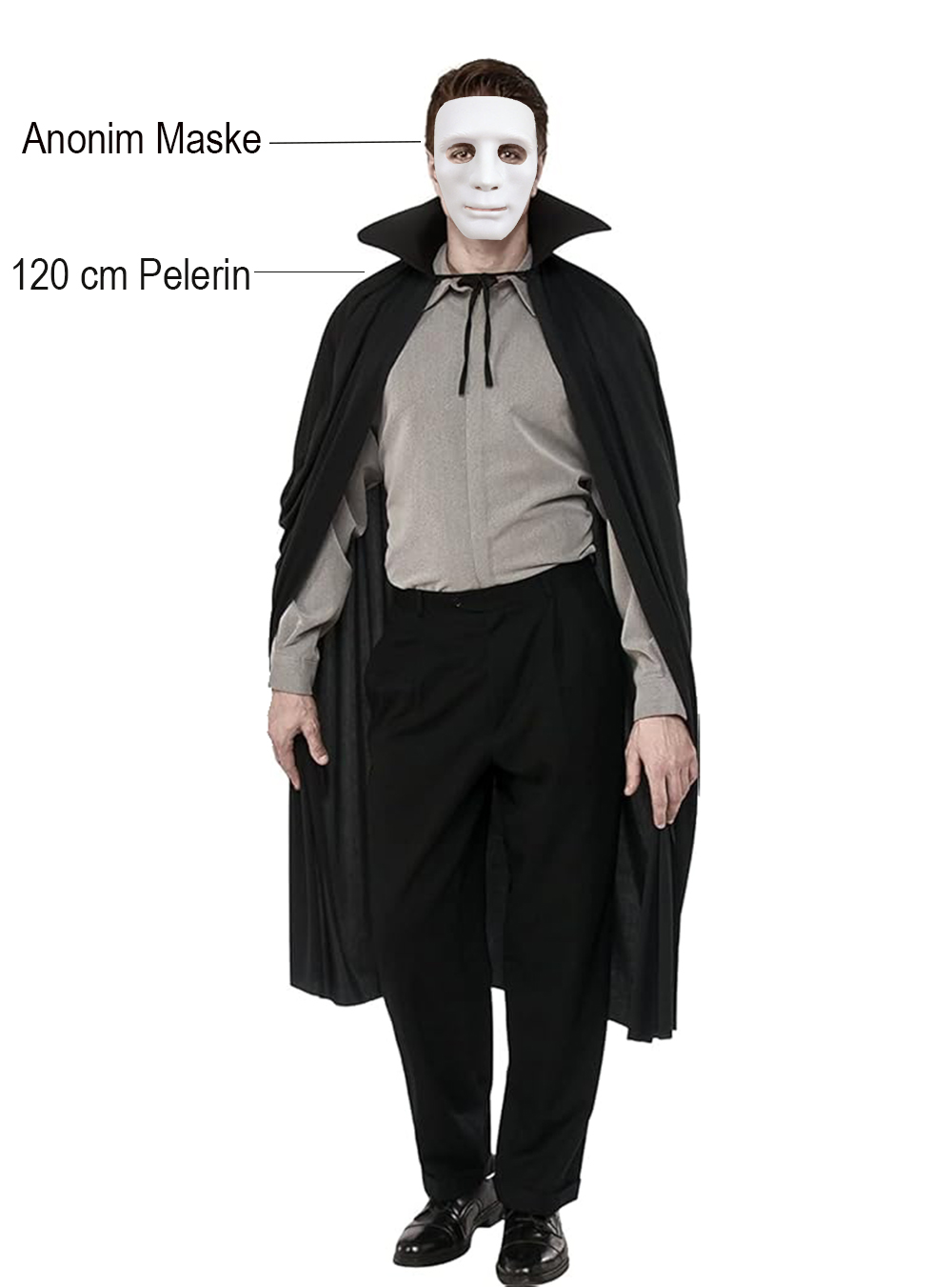 Siyah Renk Yakali 120 cm Pelerin ve Beyaz Anonim Maske