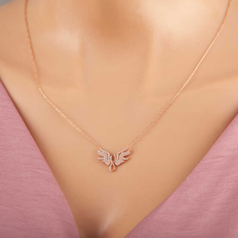 925 Ayar Gumus Rose Melek Kanadi Sonsuzluk Kadin Kolye