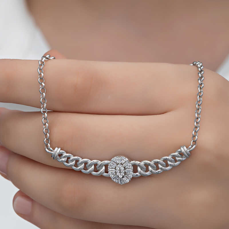 Gumus Gurmet Zincirli Oval Baget Tasli Kadin Kolye