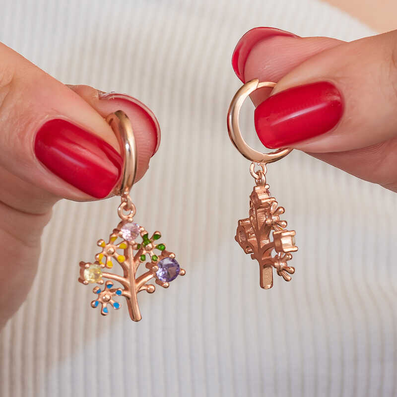 Gumus Rose Renkli Tasli Hayat Agaci Kadin Kupe