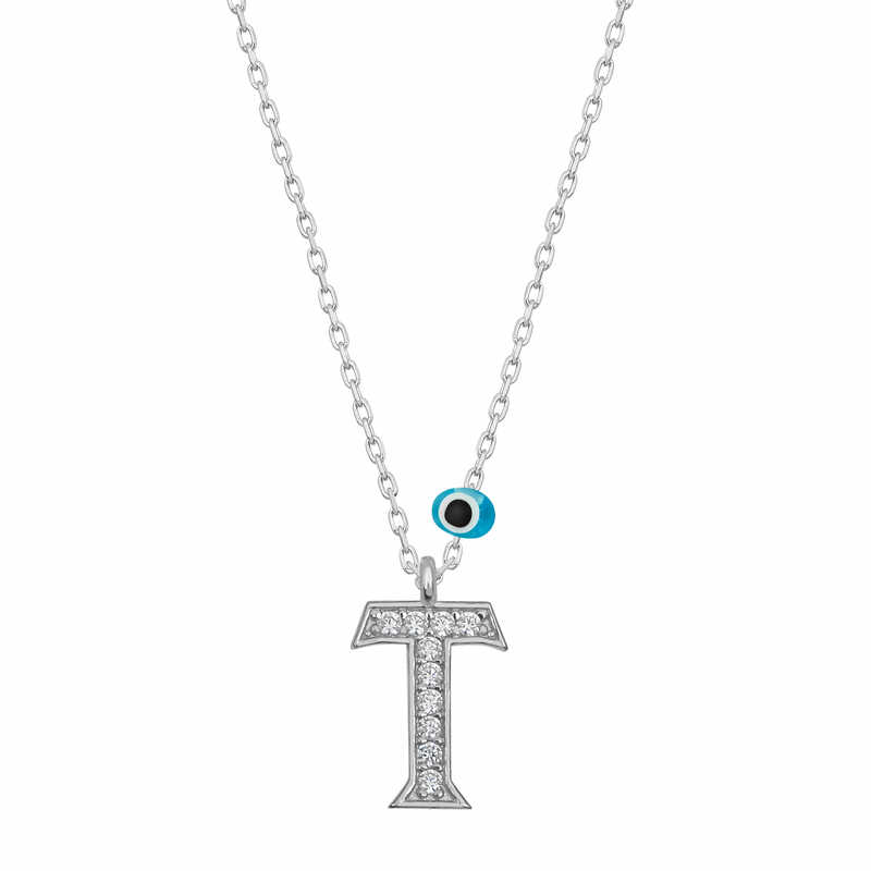 925 Ayar Gumus Nazar Rodyum T Harfi Kadin Gumus Kolye