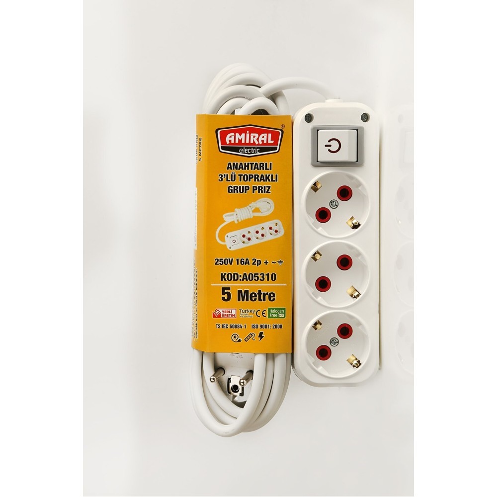 Amiral 3' lu Toprakli Anahtarli 5 Metre Kablolu Grup Priz