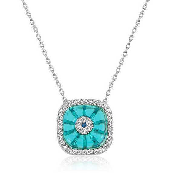 Gumus Rodyum Kare Camgoz Nazar Bayan Kolye