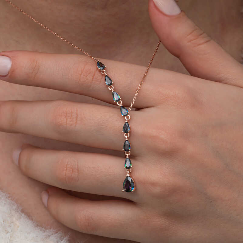 Gumus Sirali Mistik Topaz Tasli Damla Kadin Kolye