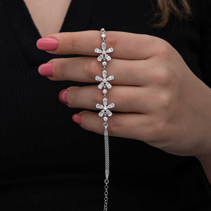 925 Ayar Gumus Baget Cicek Desenli Kadin Bileklik