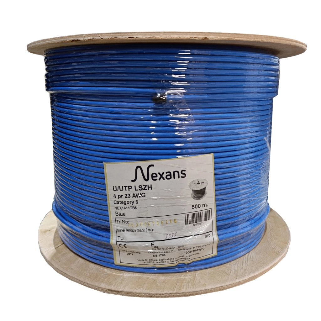 NEXANS NEX1611TB5, MAVI, CAT6, 500M, 23AWG (0,58mm), UTP, %100 Bakir, LSZH Halogen Free, Makara, Kablo
