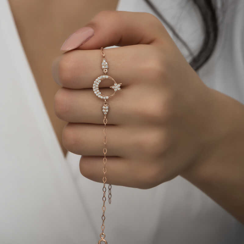 925 Ayar Gumus Rose Ay Yildiz Kadin Bileklik