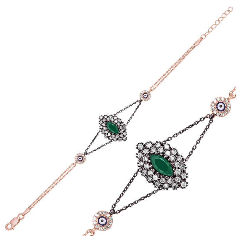 925 Ayar Gumus Rose Mat Yesil Tasli Otantik Bileklik