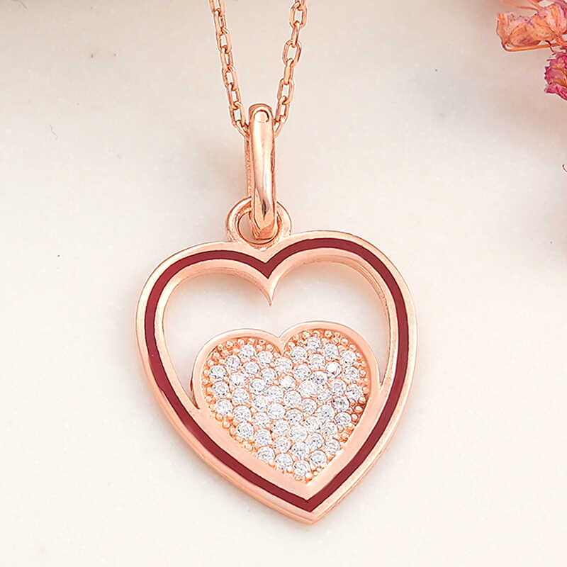 925 Ayar Gumus Rose Kalp Kadin Kolye