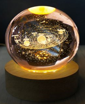 Dekoratif Gezegen Tasarimli Ahsap altlikli Isikli Cam Kure Buyuk BoyCam:8cm Ahsap:2cm