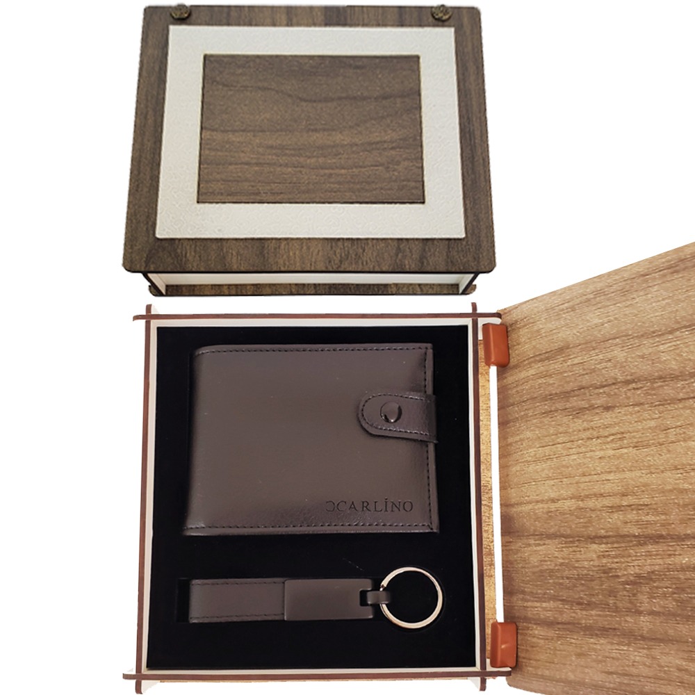 Ahsap Kutulu Deri Cuzdan Anahtarlik Set