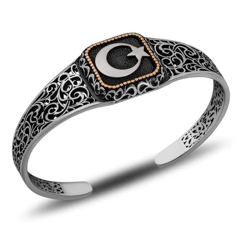 Gumus Ay Yildiz Ayarlanabilir Kelepce Erkek Bileklik