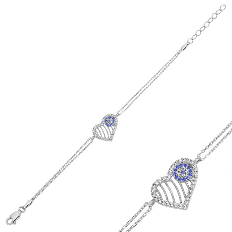 925 Ayar Gumus Nazarli Kalp Kadin Bileklik