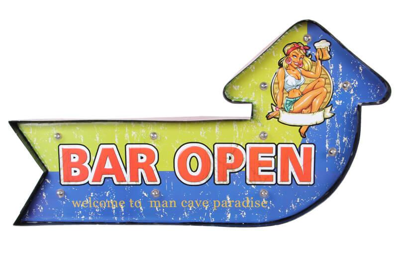 Bar Open Temali Ledli Bar Tabelasi Pano Vintage Led Ampulu