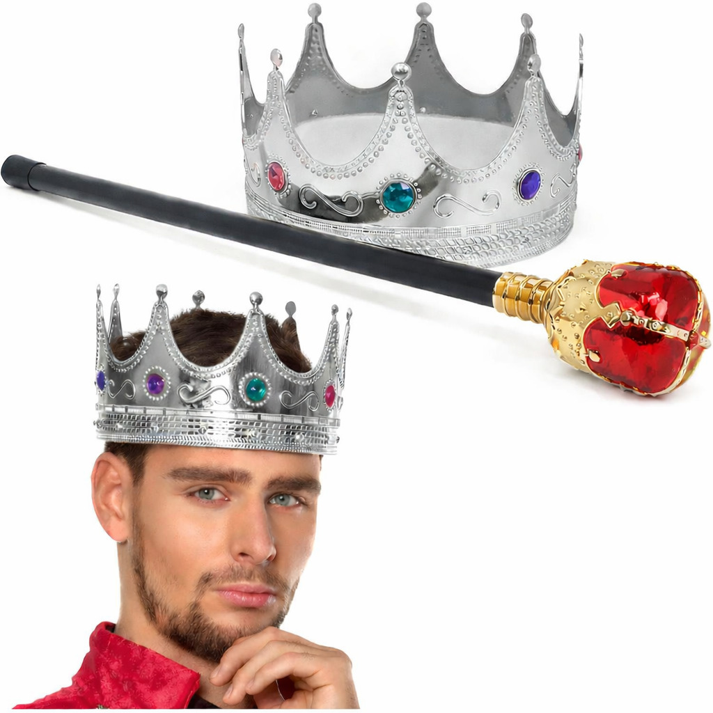 Gumus Kral Taci Kraliyet Taci 60 cm ve Kirmizi Topuzlu Kral Asasi Seti