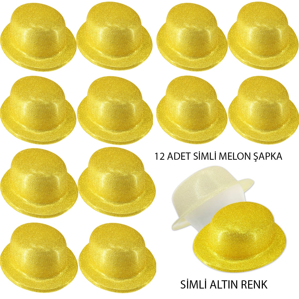 Altin Renk Simli Melon Yuvarlak Parti Sapkasi 12 Adet