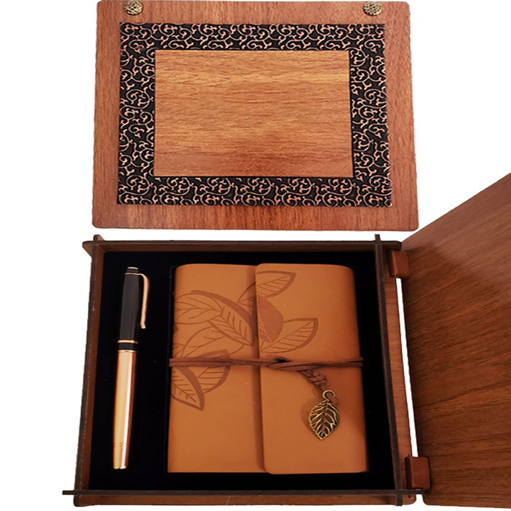 Ahsap Kutulu Taba Renk Deri Defter ve Kalem Set