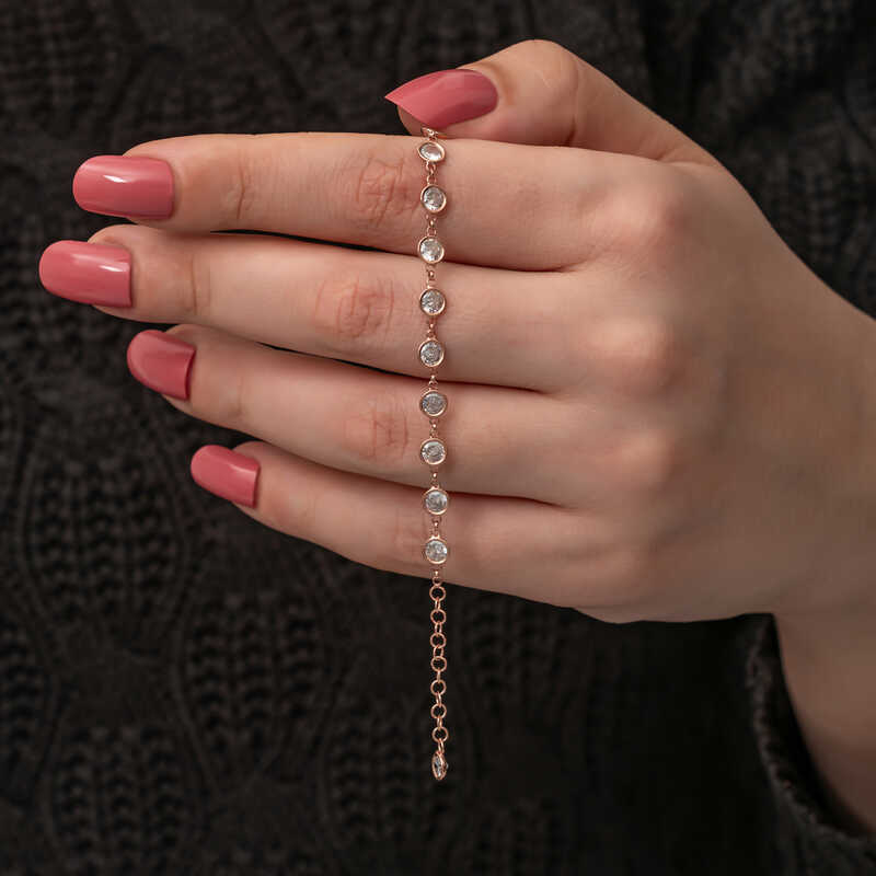925 Ayar Gumus Rose Beyaz Tasli Kadin Bileklik