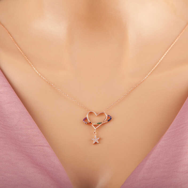 925 Ayar Gumus Rose Kalp Yildiz Kadin Kolye