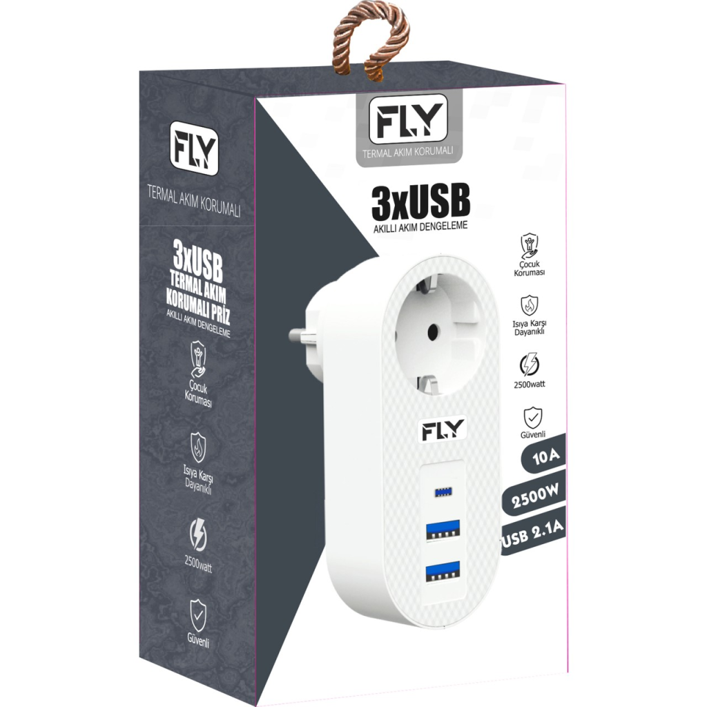 FLY 3400-01, 1 Soket, 2 USB, 1 Type-C, Akim Korumali Priz, 2.1A, (Beyaz)