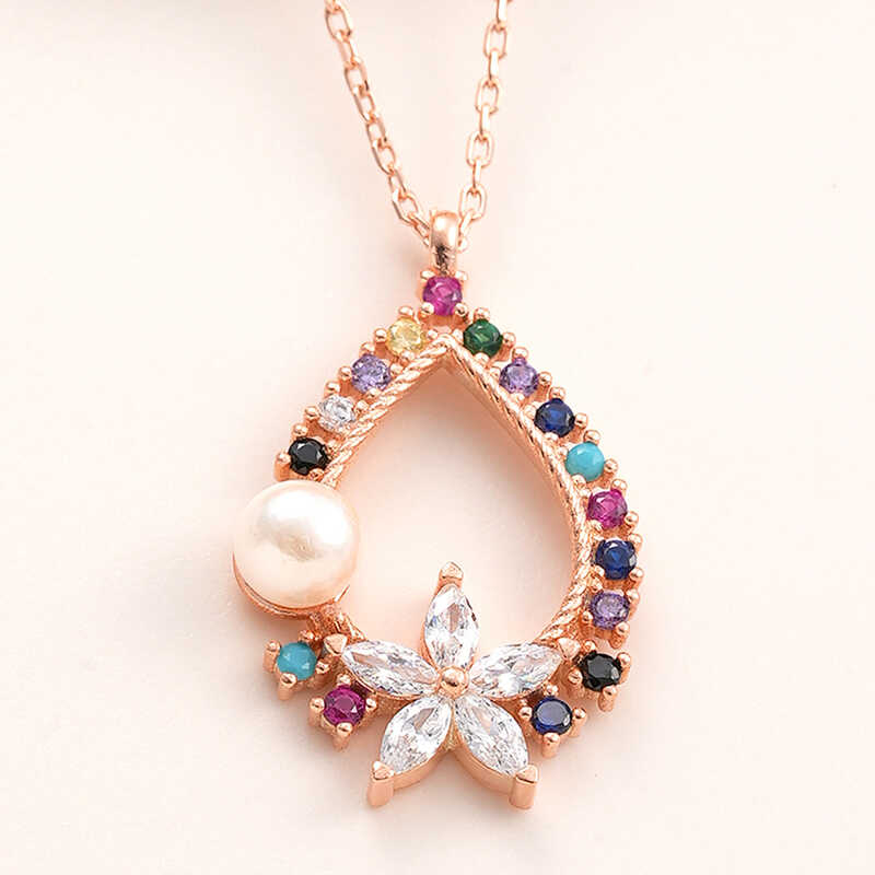 925 Ayar Gumus Rose Renkli Tasli Cicekli Kadin Kolye