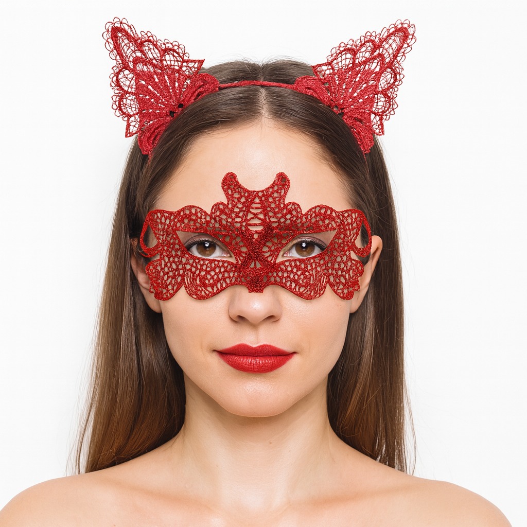 Ates Kirmizisi Dantel Tac ve Maske Seti 10 No