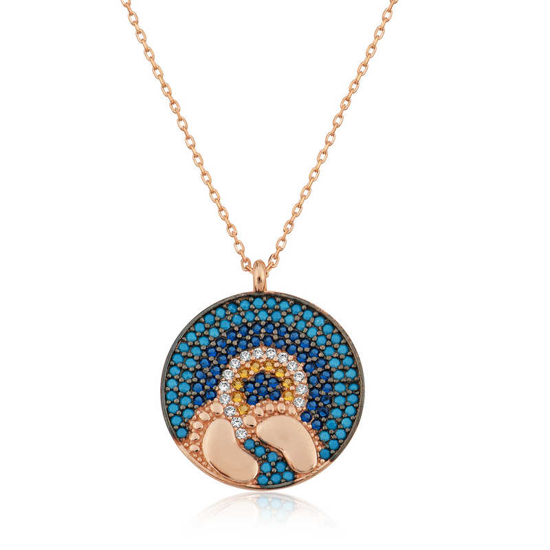 925 Ayar Gumus Rose Nazarli Bebek Ayak Izi Kolye