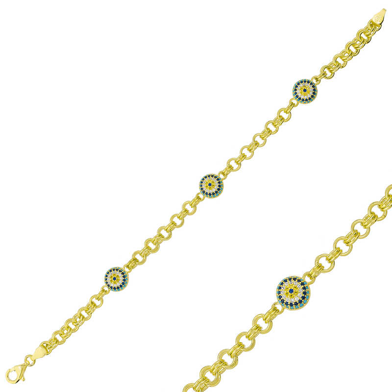 ​925 Ayar Gumus Gold Sosyete Gozlu Zincir Bileklik