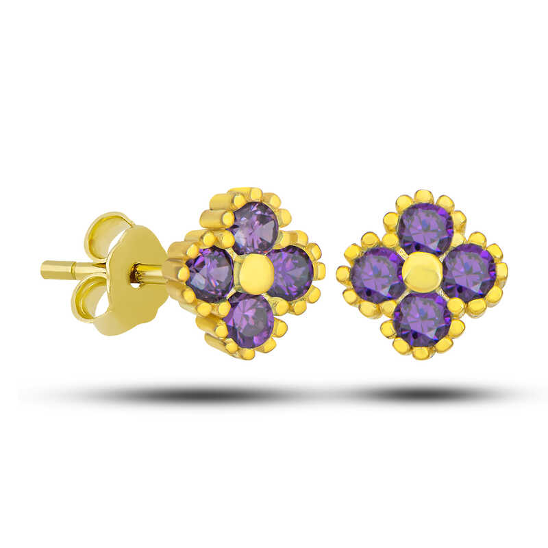 Gumus Gold Yonca Civili Mor Tasli Cocuk Kupe