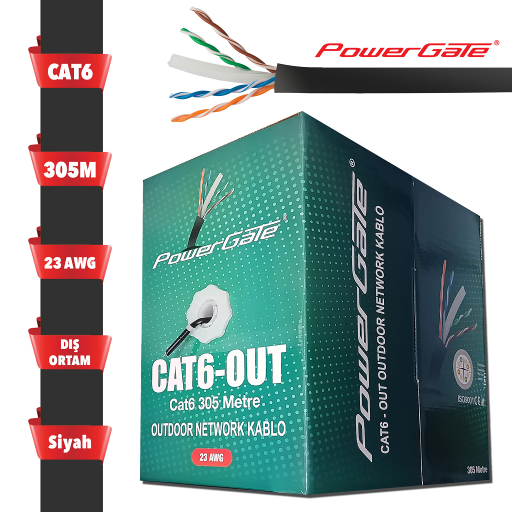 POWERGATE CAT6-OUT-CCA, Outdoor (Dis Mekan), Polietilen, 23AWG 0.57mm, UTP, CAT6, CCA Kablo, 305m, Siyah