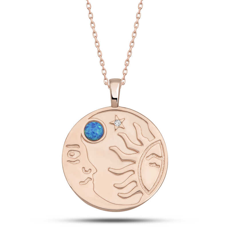 925 Ayar Gumus Rose Opal Mavi Tasli Ay Gunes Kadin Kolye