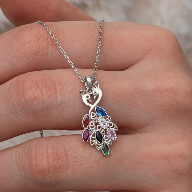 Gumus Renkli Tasli Tavus Kusu Kadin Kolye