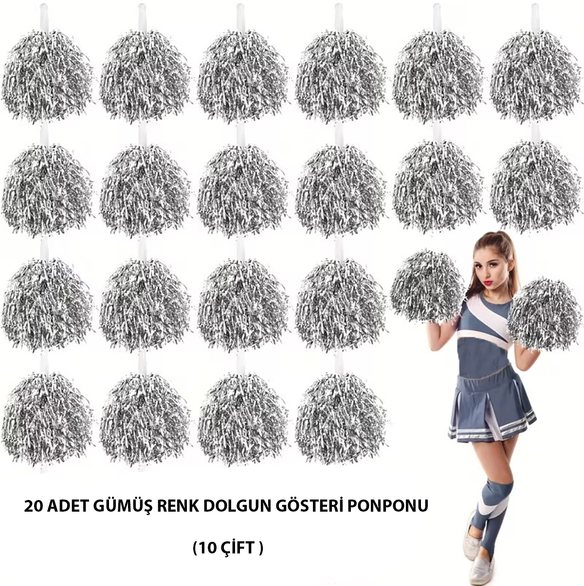 10 Cift ( 20 Adet ) Gumus Renk 23 Nisan 19 Mayis 29 Ekim Okul Gosteri Ponponlari