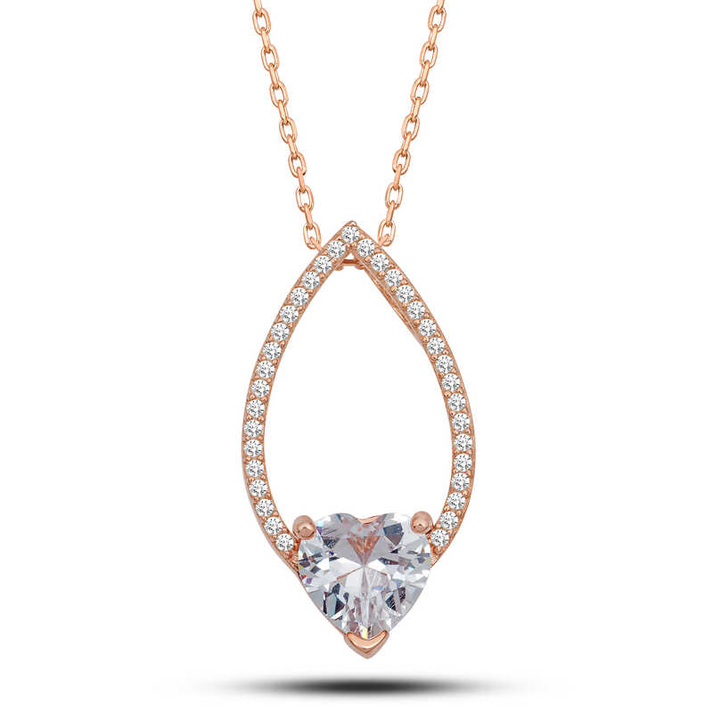 Gumus Rose Kalp Beyaz Tasli Damla Kadin Kolye