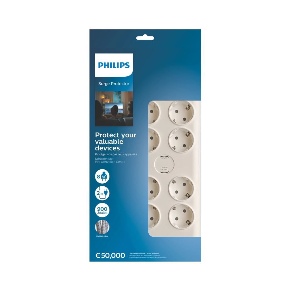 PHILIPS SPN7080WA/62, 8 Soket, Akim Korumali Priz, 900 Joules, 2Mt Orgulu Kablo, (Beyaz)