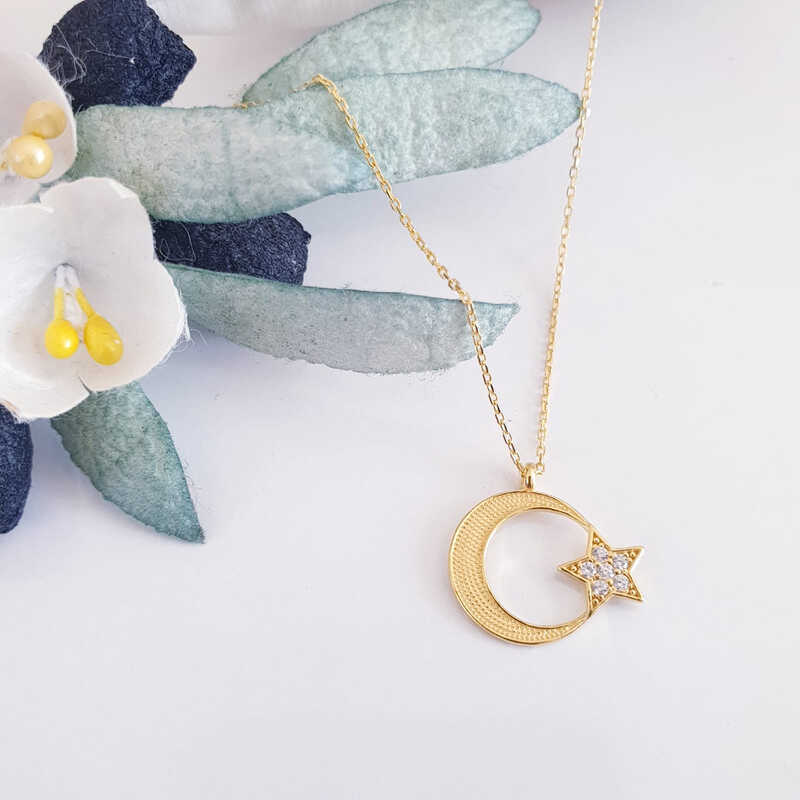 925 Ayar Gumus Gold Ay Yildiz Kadin Kolye