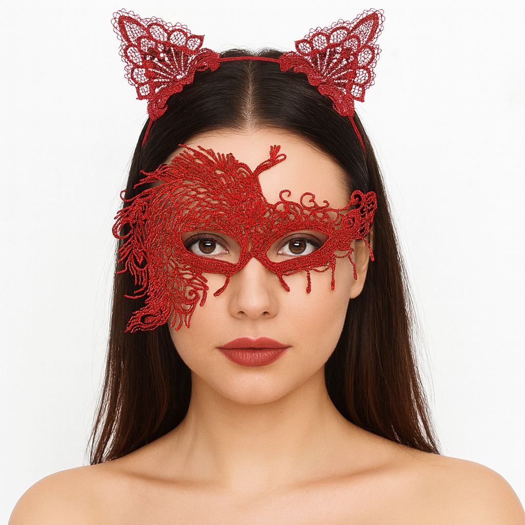 Alevin Zarafeti Kirmizi Dantel Maske ve Tac Seti 4 No – Kadin Kostum Tamamlayici