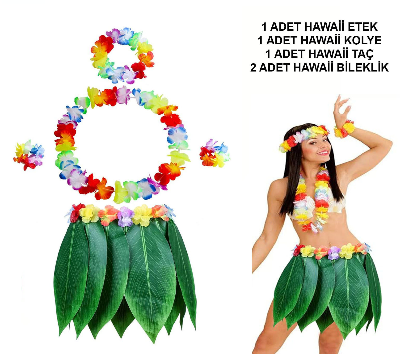 Yetiskin Hawaii Kostum Seti - Yaprak Etek Hawaii Set - 5 Parca