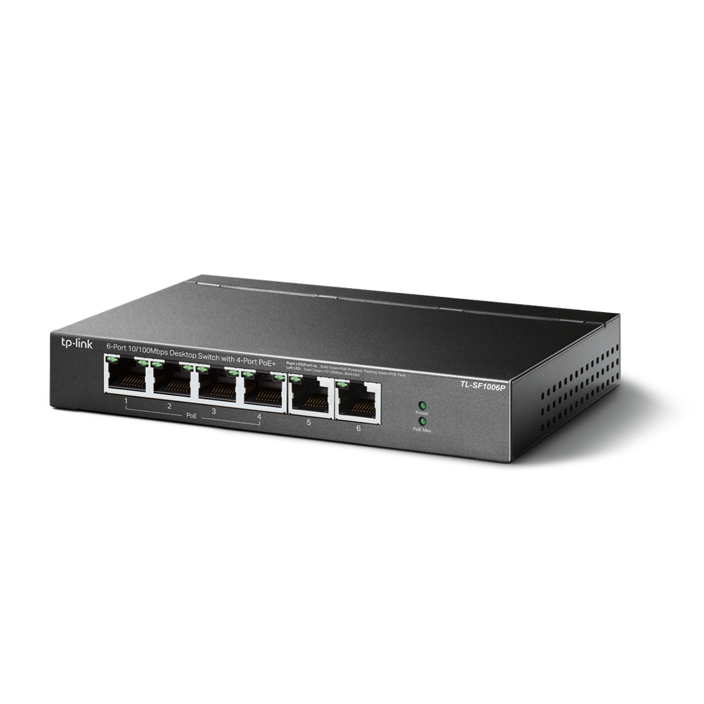 TP-LINK TL-SF1006P, 6 Port, MegaBit, 4 Port PoE 67W, Yonetilemez, Metal Kasali Switch