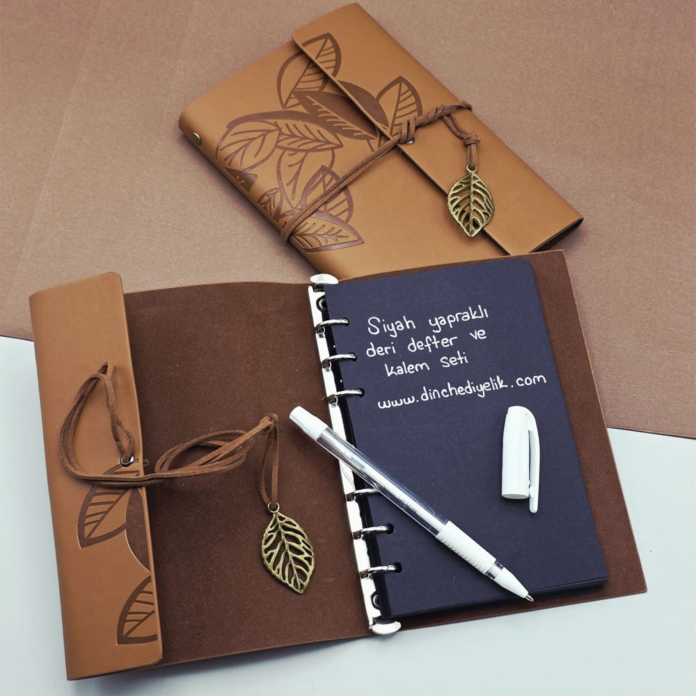 Siyah Yaprakli Deri Defter Ve Kalem Seti